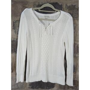 Studio Works Sweater Woman's Medium White Cable Knit Lace Up‎ Neck Minimalist